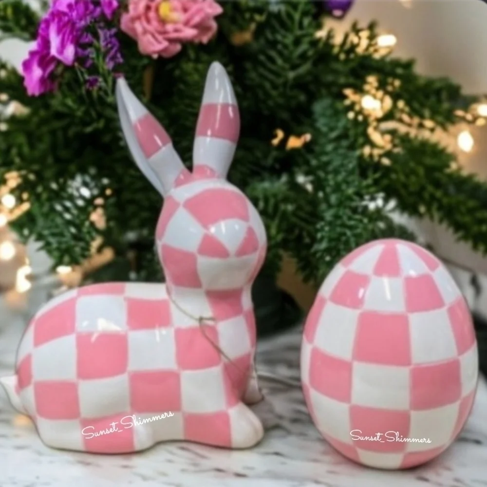 2pc Pink White MacKenzie Style Courtly Check Easter Bunny Rabbit & Egg Decor Set